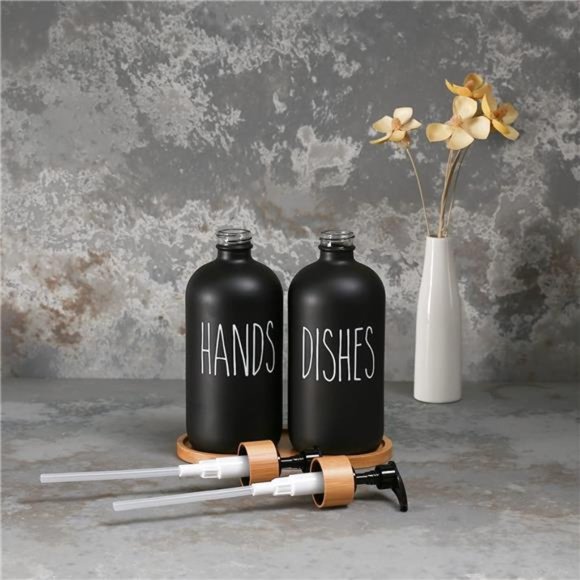 Glass Soap Dispenser Set for Hand and Dish Soap Dispenser. Matte Black - Picture 4 of 6